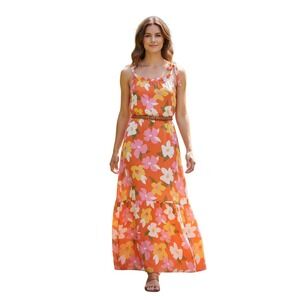 ANDRÉE BY UNIT NWT Orange Floral Maxi Dress Tie Shoulder Boho Tiered Tropical M